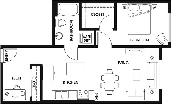 1 Bed 1 Bath Tech floor plan